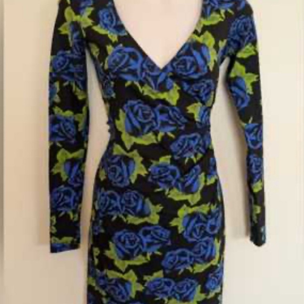 Betsey Johnson Blue Tin Can Rose Glee Dress Lycra Stretch